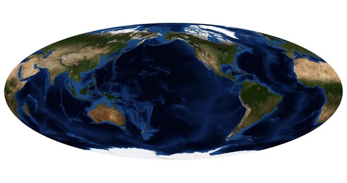 World Map in Bromley Projection. Animated longitude shift rotation. Detailed physical map of Earth. June View. Elements of this video furnished by NASA.