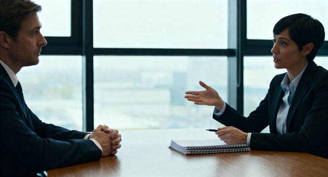 Businesswoman actively presenting and discussing with a male client or colleague in a professional office setting, emphasizing interpersonal communication
