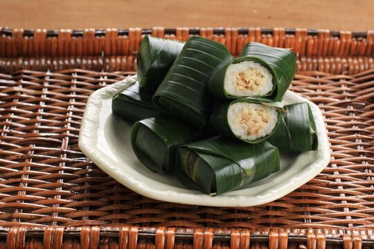 Authentic Indonesian Lemper Wrapped in Banana Leaf