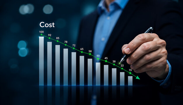 Businessman hand pointing at a declining cost chart on a digital screen, representing business optimization, financial efficiency, and cost reduction strategies