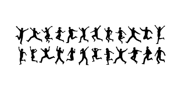People jumping silhouette set with dynamic poses and various actions featuring movement, exercise, fitness with running and leaping elements for joy,