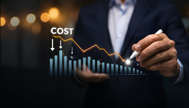 Businessman holding a digital pen pointing at a holographic chart showing a downward trend in costs, representing business optimization, financial efficiency, and cost reduction strategies