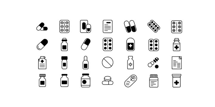 Pill icons set with medical drug symbols and healthcare illustrations featuring medicine, pharmaceutical, capsules with tablets and bottles elements