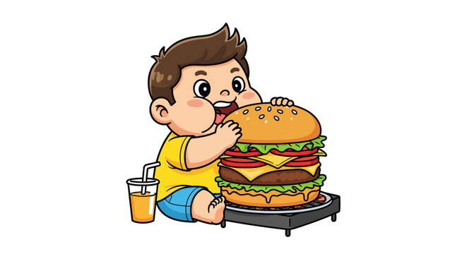 Hungry cartoon boy eating giant burger and drink.