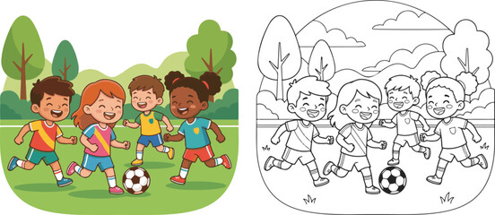 Naklejka premium children playing football in the garden, girl and boy, children playing in the park, children playing in the forest, coloring book, clip art, line art.