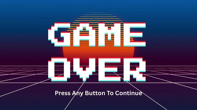 Vibrant retro-futuristic arcade game over screen with pixelated text and an 80s synthwave aesthetic, inviting players to continue their vintage gaming adventure