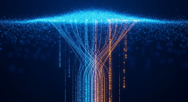 Abstract Data Flow Visualization with Binary Code Streams and Particles, Digital Information Transfer Concept, Futuristic Technology Background