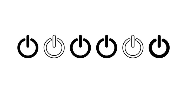 Power button icons set with neon glow line style and on off symbols for user interface design featuring toggle, switch icon, UI symbol with status