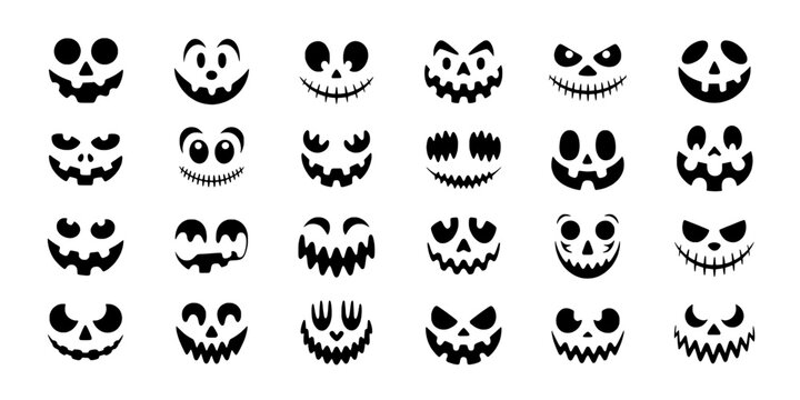Pumpkin face icons Halloween jack o lantern skull smiley set with creepy expressions and simple vector style for parties