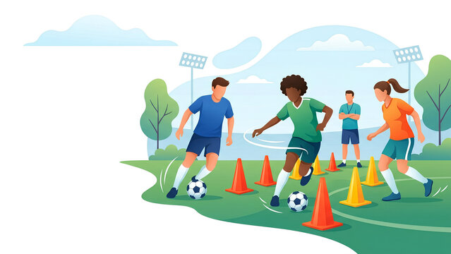 Soccer players navigate through orange training cones on a vibrant green field while practicing their athletic footwork and agility drills in a flat vector illustration style.