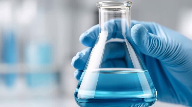 Hands hold a clear chemical flask with blue liquid inside in a lab setting Generative AI