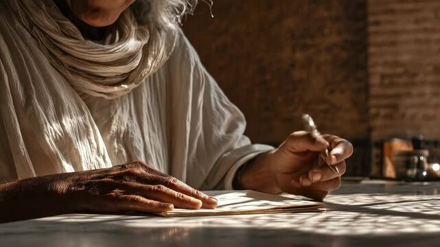 Elderly man writing with pen. Weathered hands hold ballpoint carefully. Sunlight casts patterned table shadows. White traditional clothing and scarf. Senior scholar writes on paper.