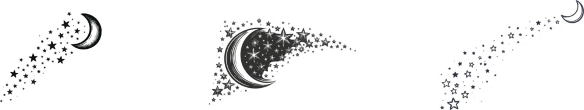 A whimsical celestial doodle featuring a crescent moon surrounded by stars on a pure white background with sharp black ink lines
