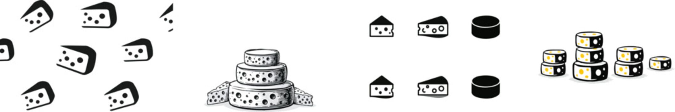 A seamless pattern of hand-drawn cheese wheels in a detailed dairy style with solid black outlines on a white background is perfect for automatic vector tracing