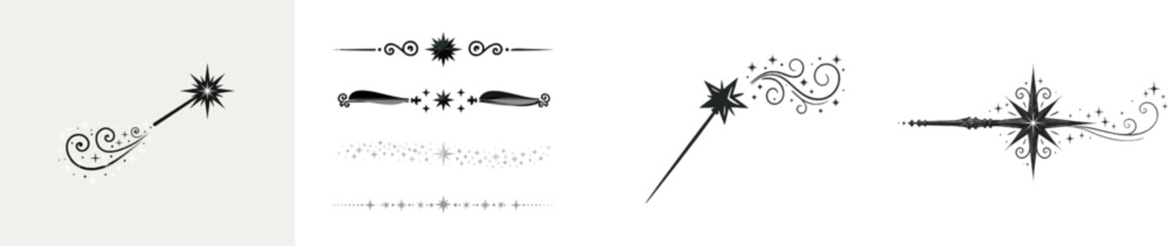 A whimsical black ink doodle of a magical wand with sparkling stars and swirls against a crisp white background, embodying playful fantasy artistry in a clean vector graphic style