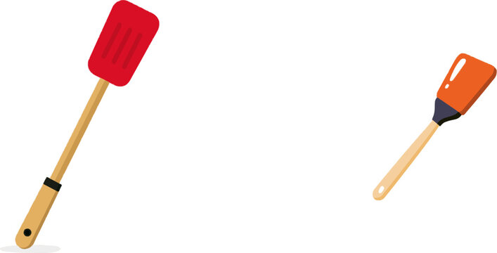 A spatula crafted from heat-resistant red cardboard features a flat rectangular head with long wooden handle, set against a white backdrop in an isolated illustration