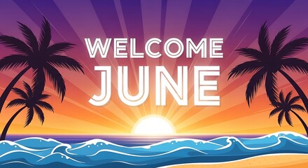 Obraz premium Vibrant summer greeting with tropical palm leaves and ocean backdrop.