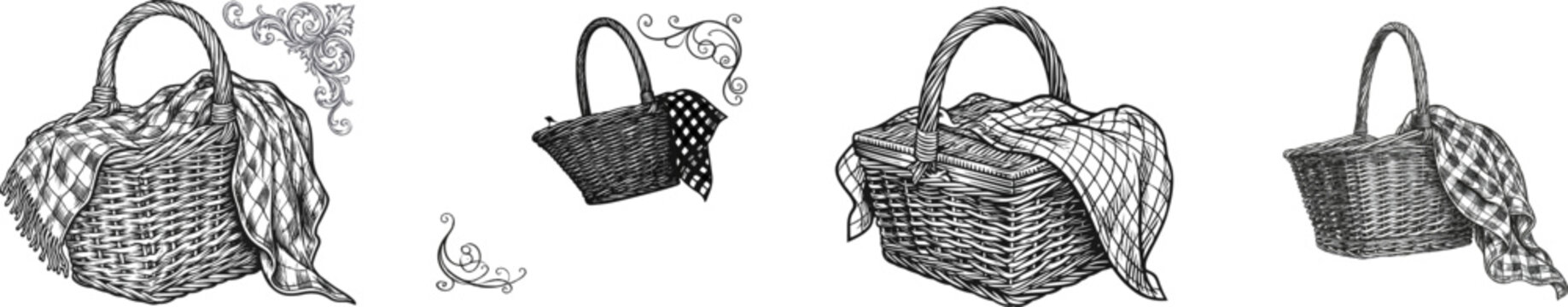 A charming hand-drawn doodle of a woven picnic basket with a checkered cloth draped over it, set against a clean white background with ornamental flourishes, exudes a whimsical and rustic charm