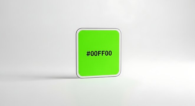 Isolated square sticker with bright lime green color code tag 00FF00 for web design, color palettes, branding elements