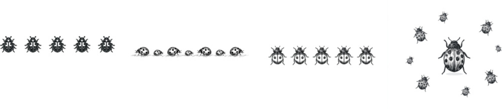 A minimalist sketch-style border featuring five simple ladybug doodles with crisp, sharp lines against a stark white background