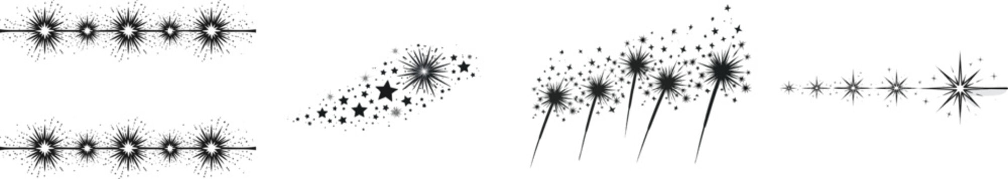 The continuous repeating firework sparkler rod creates a festive linear decorative graphic with high-contrast black ink on a solid white background