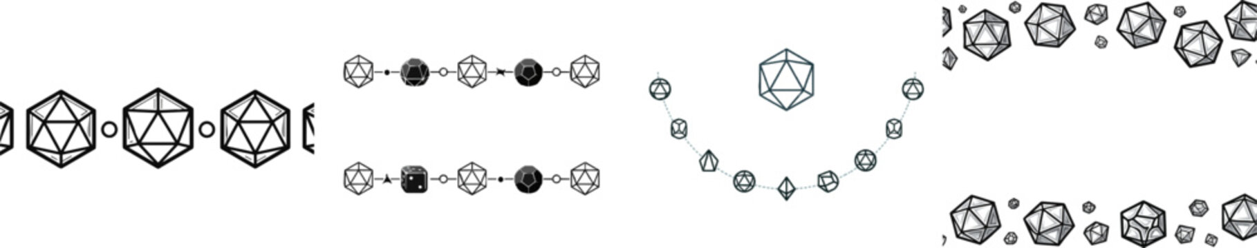 A continuous, abstract polyhedral d20 tabletop game dice doodle border features clean sharp edges, high-contrast design elements against a solid black ink fill background, ideal for image tracing and