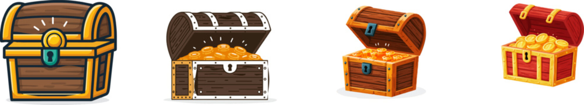 A treasure chest lid opens from cardboard, revealing an inner glow of coins within a brown and gold design, isolated on white with a pirate cartoon theme