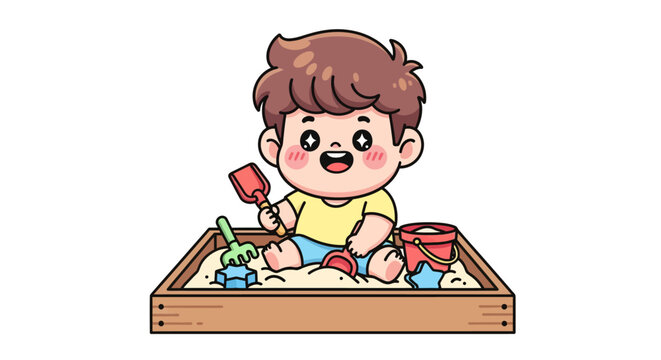 Happy young boy playing with sand and toys indoors.