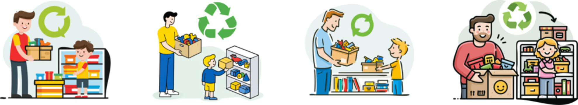 In a subscription library, a parent returns a box of toys while a child selects new ones from a shelf adorned with circular economy icons, symbolizing a sustainable approach to toy ownership