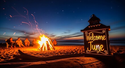 Festive bonfire celebration with welcome message to June.