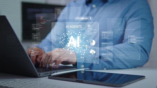 Businessman Using Artificial Intelligence (AI) for Work Efficiency and Data Analysis, AI Agents, Digital Brain Coding, Machine Learning on Virtual Screen and Smart Business System