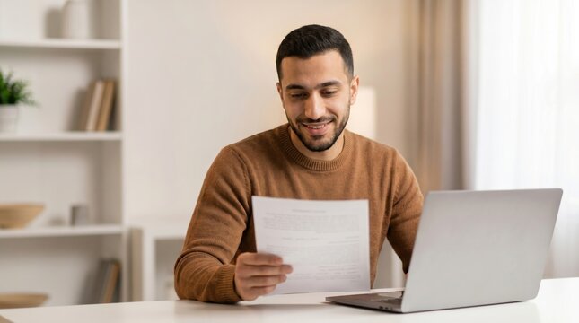Smiling young man reading document at home office desk with laptop.