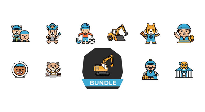 Cartoon excavator character worker team.