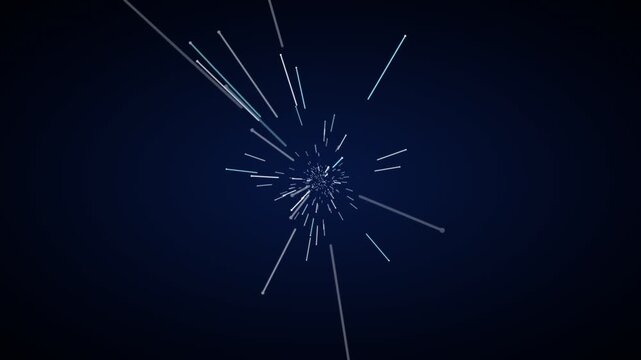 Abstract blue and white light trails flying through dark space
