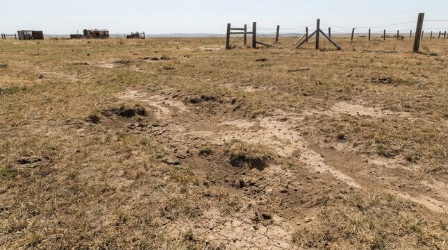 Arid rural landscape with patchy dry grass, cracked earth, and a wooden fence under a clear sky. Small rustic structures are visible in the distance across the barren field.