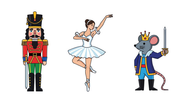 Nutcracker, Ballerina, and Mouse King Characters for Holiday Ballet Performance