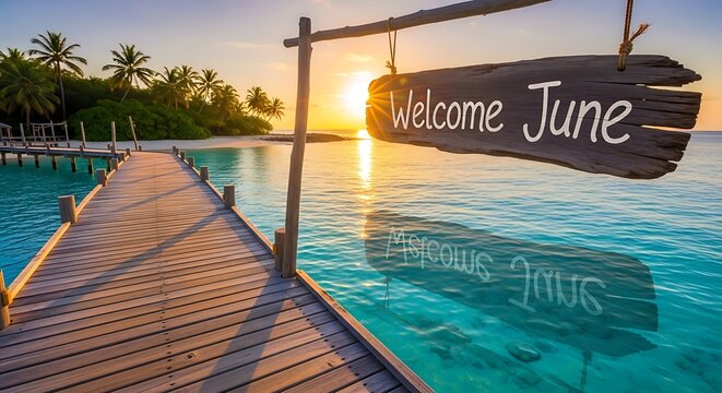 Tropical poolside patio with welcome sign and palm trees.