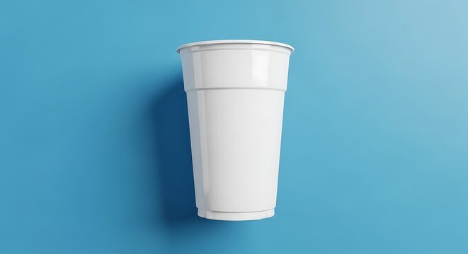 Isolated white disposable plastic cup on blue surface mockup for beverage takeaway and catering services