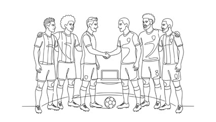 Obraz premium One Line Drawing of International Football Players Shaking Hands Before Match – Global Sports Unity Concept Illustration