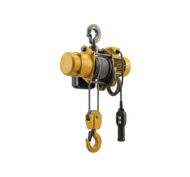 Industrial electric wire rope hoist with remote control, heavy duty yellow crane winch for lifting, professional overhead power hoist machinery isolated on Transparent Background