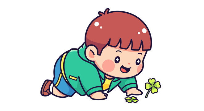 Happy Toddler Crawling With Four Leaf Clover In Hand.