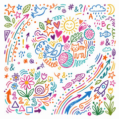 Fototapeta premium Vibrant doodle artwork featuring animals, plants, and objects in a whimsical outdoor setting with technology and travel elements.