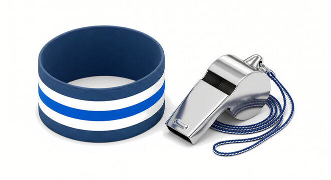 3D Isometric Captain Armband and Silver Whistle, Referee and Leader Equipment, Isolated on White