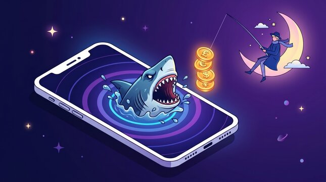 Beware of the Digital Shark: An illustration depicts a menacing shark emerging from a smartphone screen, lunging for gold coins dangled by a figure sitting on a crescent moon.