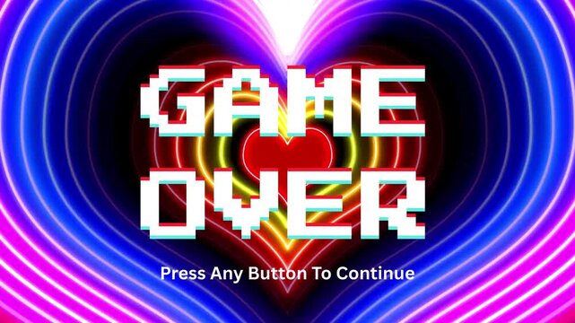 GAME OVER screen with neon heart background and press any button to continue text