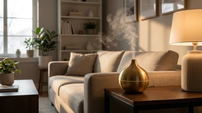 Golden metallic electric aroma diffuser releasing steam on a wooden end table next to a fabric couch in a brightly lit domestic interior with houseplants and a bookshelf.