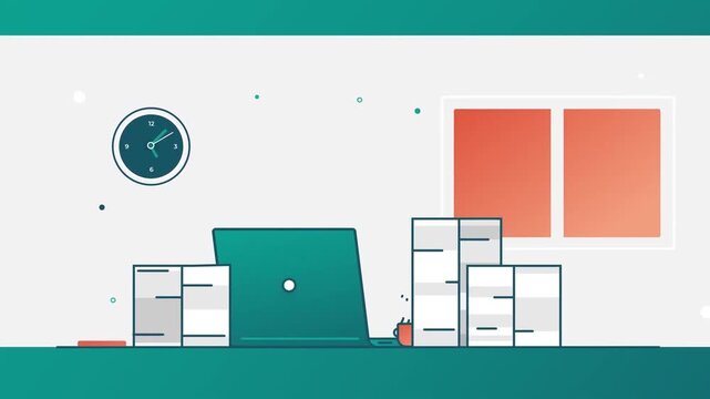 Overloaded Corporate Desk Workspace with Massive Stacks of Documents and Laptop Overwork Concept 2D Animation