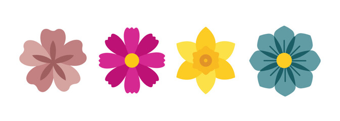 Minimalist flower head icon set featuring colorful cherry blossom, cosmos, daffodil, and dahlia vector illustrations © Muhammad