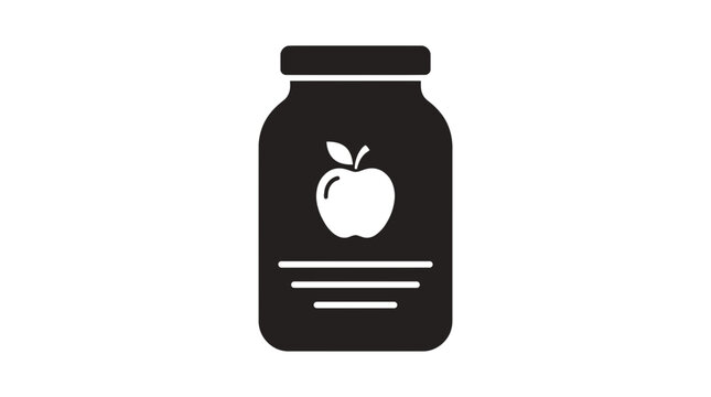 Jar of apple jam with a clear label featuring fruit iconography sits on a pantry shelf to represent organic food production and traditional homemade preserves for healthy family breakfasts.