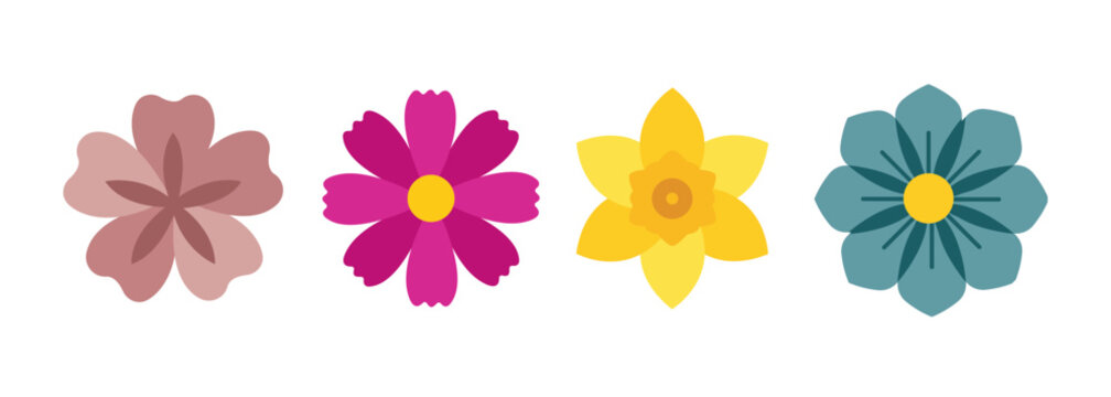 Minimalist flower head icon set featuring colorful cherry blossom, cosmos, daffodil, and dahlia vector illustrations